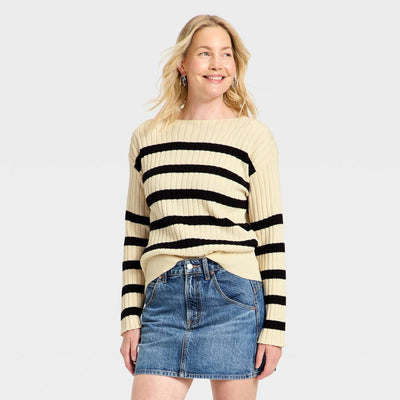 New - Women's Ribbed Boat Neck Pullover Sweater - Universal Thread™ Cream Striped M