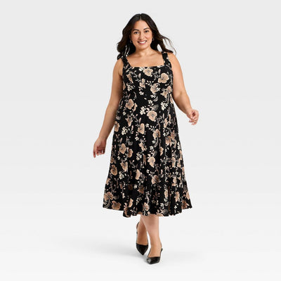 New - Women's Seamed Fit and Flare Midi A-Line Dress - Ava & Viv™ Black/Tan Floral 20