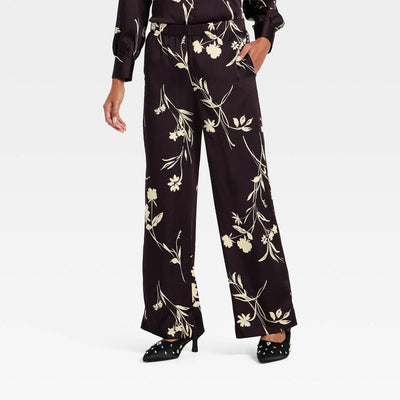 New - Women's Satin Pull-On Pants - A New Day™ Brown Floral S