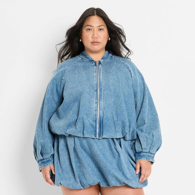New - Women's Denim Bubble Bomber Jacket - Future Collective Blue Denim XXL