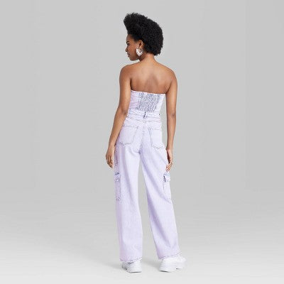 New - Wild Fable Women's Tube Cargo Denim Jumpsuit Bandeau Strapless Off-The-Shoulder Wild FableBullseye Deals