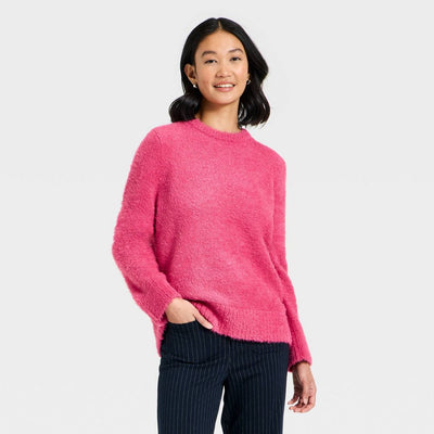 New - Women's Long Sleeve Fuzzy Pullover Sweater - A New Day™ Pink L