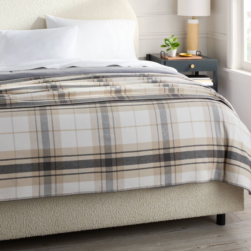New - King Brushed Cotton Blanket Neutral Plaid - Threshold™