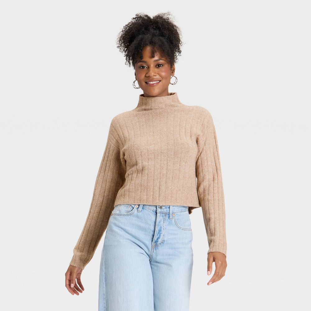 New - Women's Ribbed Mock Turtleneck Pullover Sweater - Universal Thread™ Tan XS