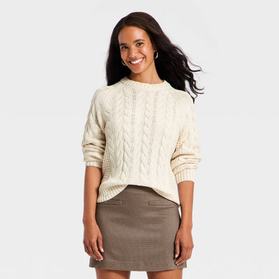 New - Women's Round Neck Cable Sweater - A New Day™ Cream S