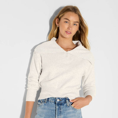 New - Women's Button-Down Collar Henley Sweater - Wild Fable™ Heather Gray XS