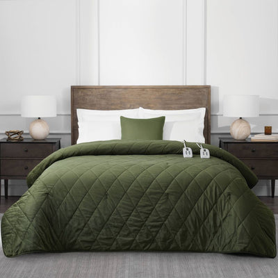 Open Box - Brookstone Full/Queen Heated Diamond Stitch Quilt Blanket Olive Green