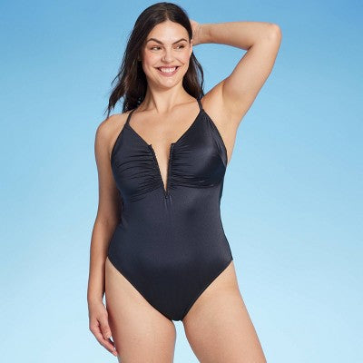 New - Shade & Shore Women's V-Wire Plunge One Piece Swimsuit Shirred Bathing Suit Shade & ShoreBullseye Deals