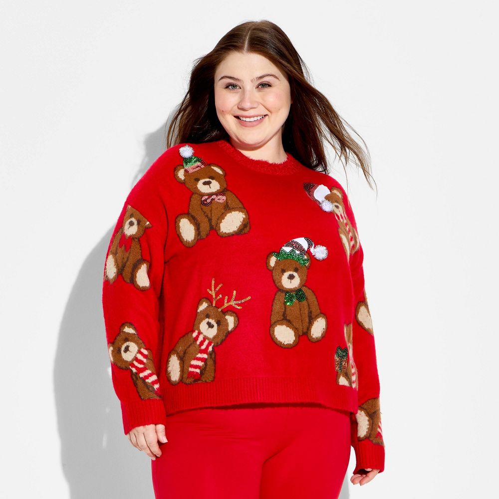 New - Women's Teddy Bear Print Festive Graphic Sweater - Red 3X