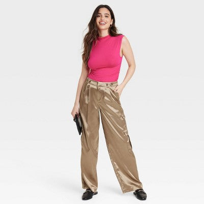 New - A New Day Women's Straight Relaxed High Rise Satin Cargo Pants Glossy A New DayBullseye Deals