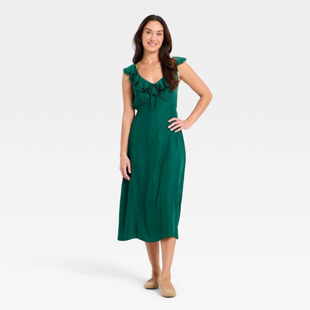New - Women's Ruffle Lace Midi A-Line Dress - Universal Thread™ Dark Green S