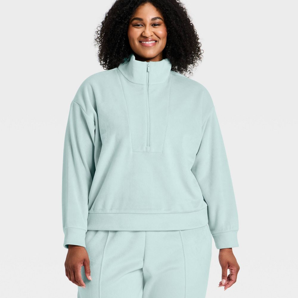 New - Women's Velour Ribbed 1/2 Zip Sweatshirt - All In Motion™ Light Aqua Blue 4X