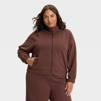 New - Women's Airy Sleek Ribbed Full Zip Jacket - All In Motion™ Brown 1X