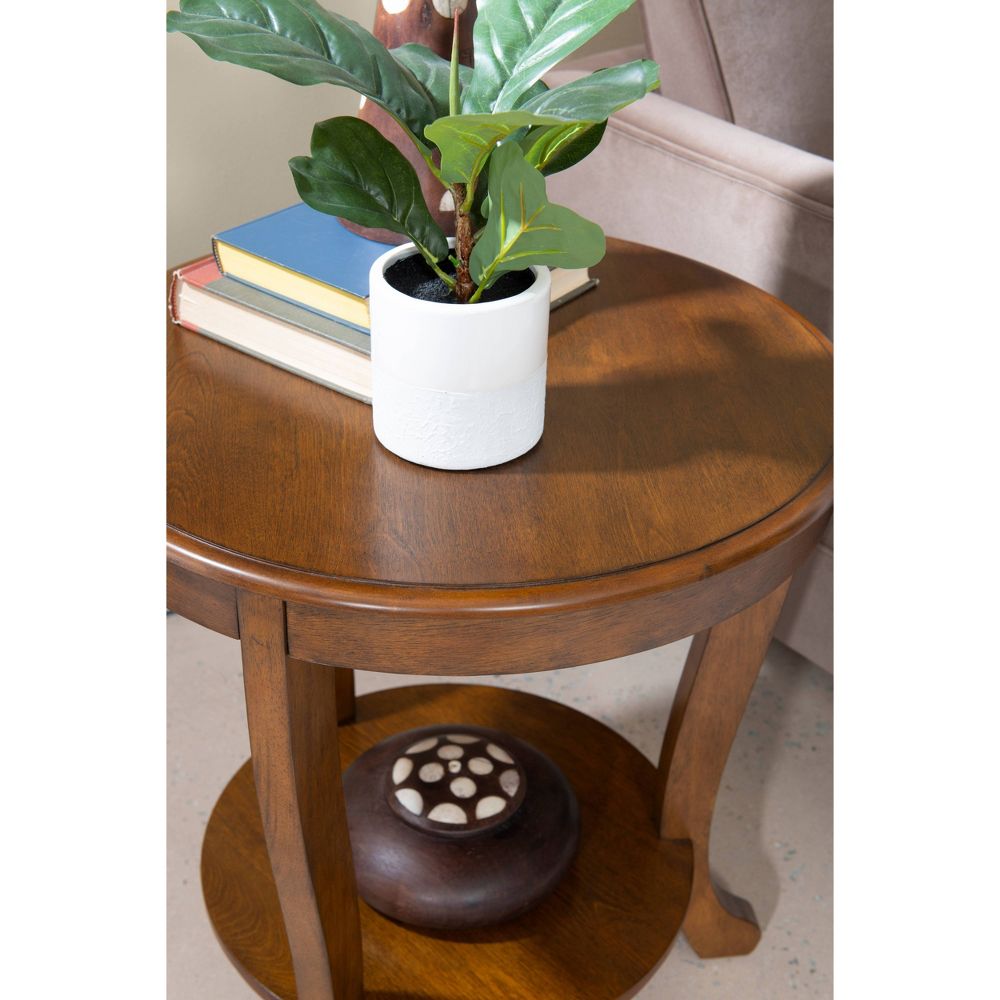 Open Box - Dermott Transitional Side Table with Lower Shelf Hazelnut Brown - Powell: Elegant Round End Table for Living Room