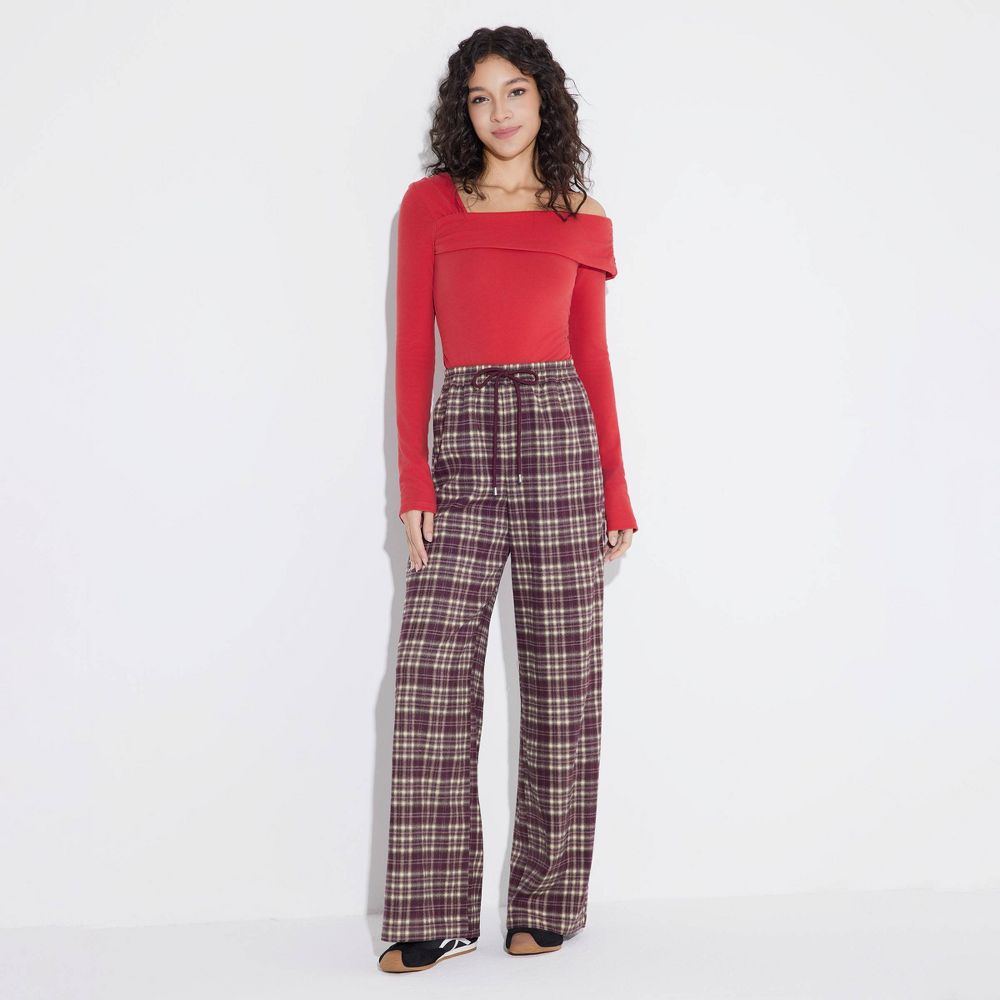 New - Women's Mid-Rise Wide Leg Pull-On Pants - Wild Fable™ Burgundy/Cream Plaid M