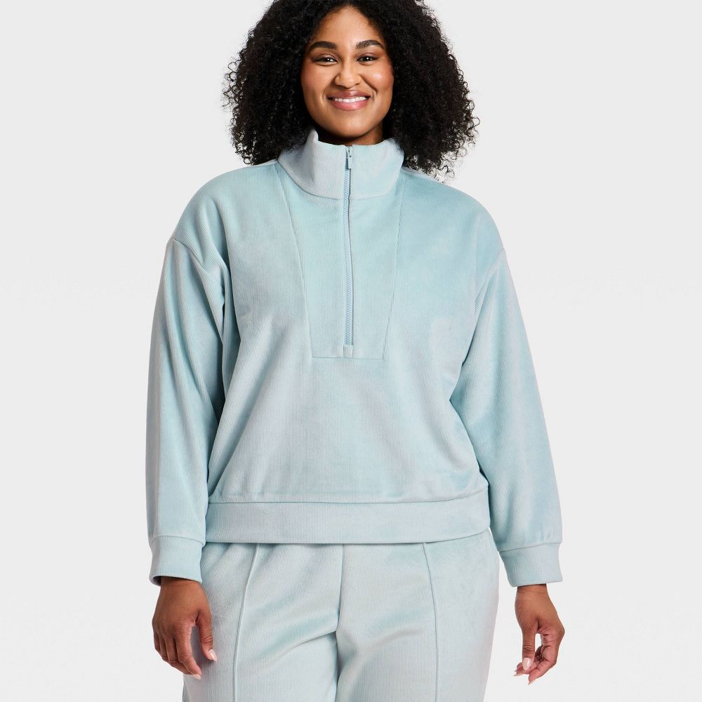 New - Women's Velour Ribbed 1/2 Zip Sweatshirt - All In Motion™ Light Aqua Blue XXL