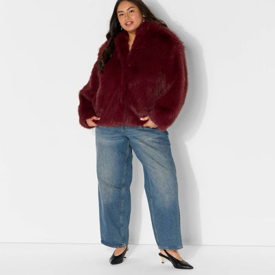 New - Women's Short Faux Fur Jacket - Wild Fable™ Burgundy XXL