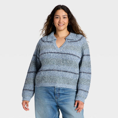 New - Women's Chunky Polo Collar Pullover Sweater - Universal Thread™ Blue Striped XXL