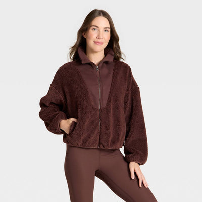 New - Women's High Pile & Ribbed Mix Jacket - All In Motion™ Brown S
