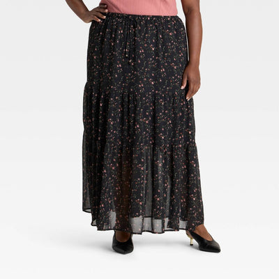 New - Women's Chiffon Maxi A-Line Skirt - Ava & Viv™ Black Floral 2X