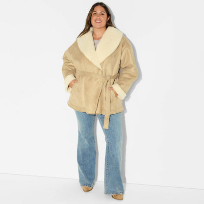 New - Women's Shawl Collar Shearling Coat - Wild Fable™ Tan XXL