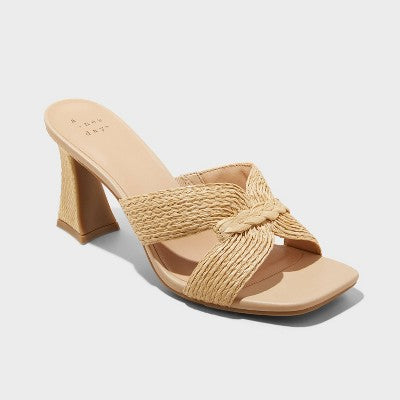 New - A New Day Women's Chunky Block High Heel Slip On Mules Sandals Raffia Woven Band A New DayBullseye Deals