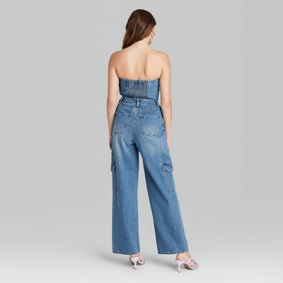 New - Wild Fable Women's Tube Cargo Denim Jumpsuit Bandeau Strapless Off-The-Shoulder Wild FableBullseye Deals