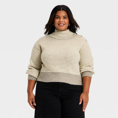 New - Women's Mock Turtleneck Button Pullover Sweater - Universal Thread™ Taupe Striped XXL