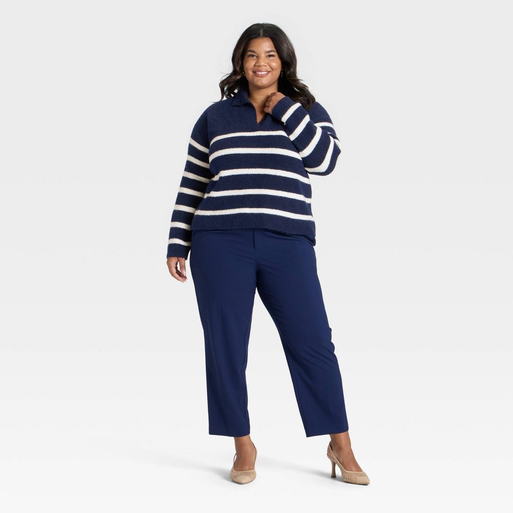 Open Box - Women's Cozy Knit Polo Sweater - A New Day™ Navy Striped 2X