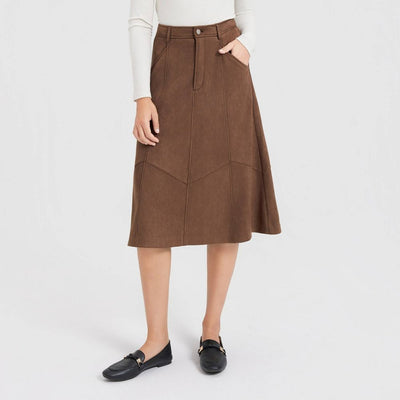 New - Women's Faux Suede Midi A-Line Skirt - Universal Thread™ Brown L