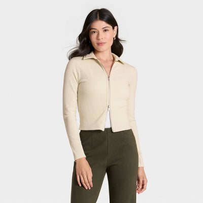 New - Women's Long Sleeve Brushed Ribbed Polo Zip-Up Jacket - A New Day™ Cream XXL