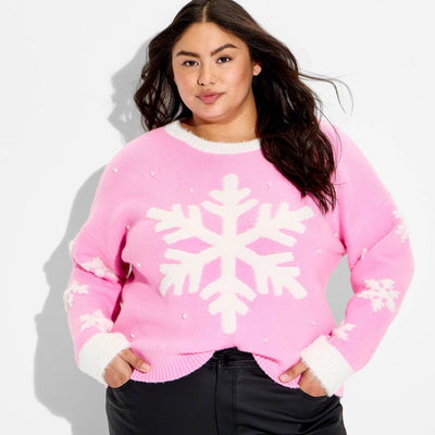 New - Women's Snowflake Festive Graphic Sweater - Pink 2X