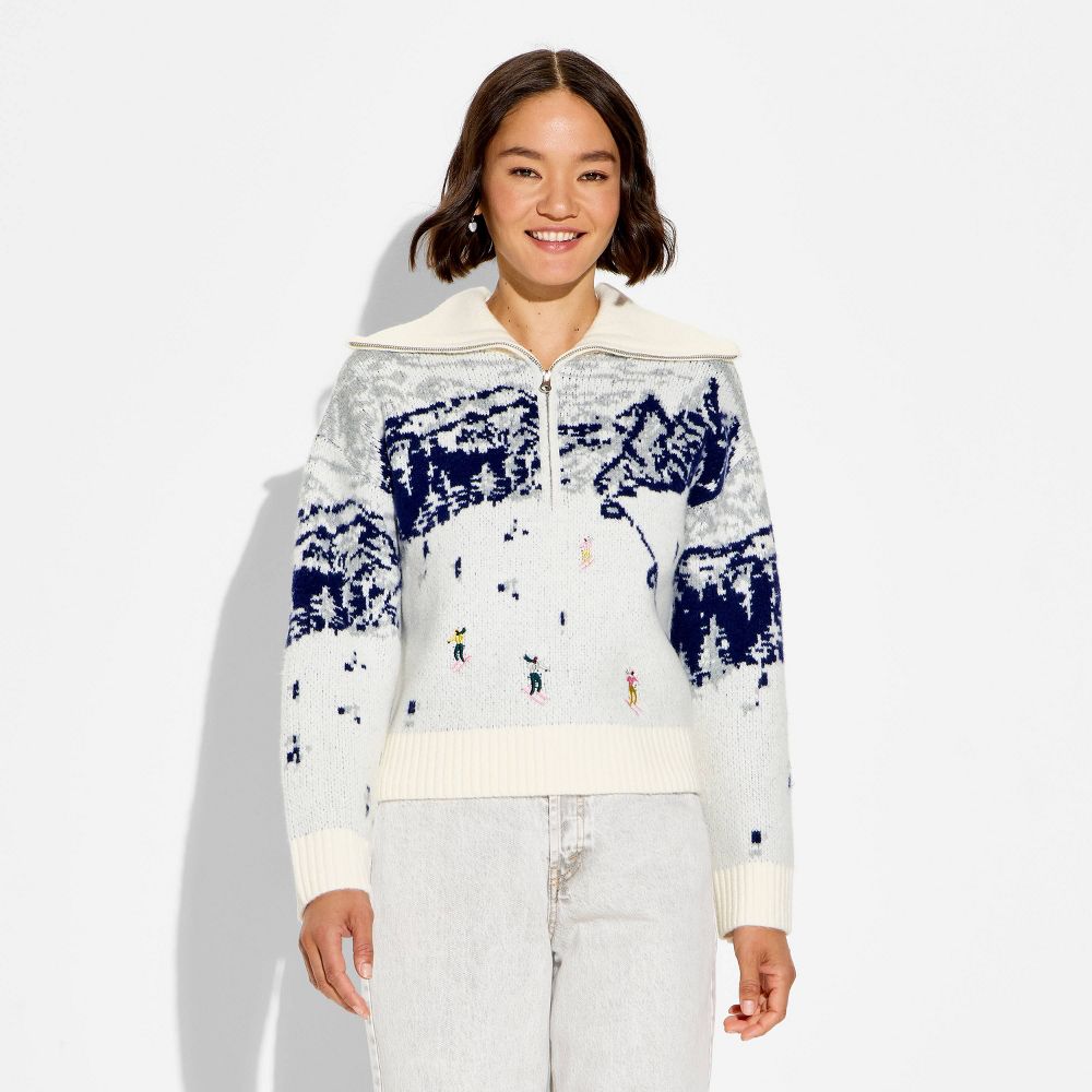 Open Box - Women's Polo Collar Quarter Zip Novelty Pullover Sweater - Wild Fable™ Off-White Landscape S