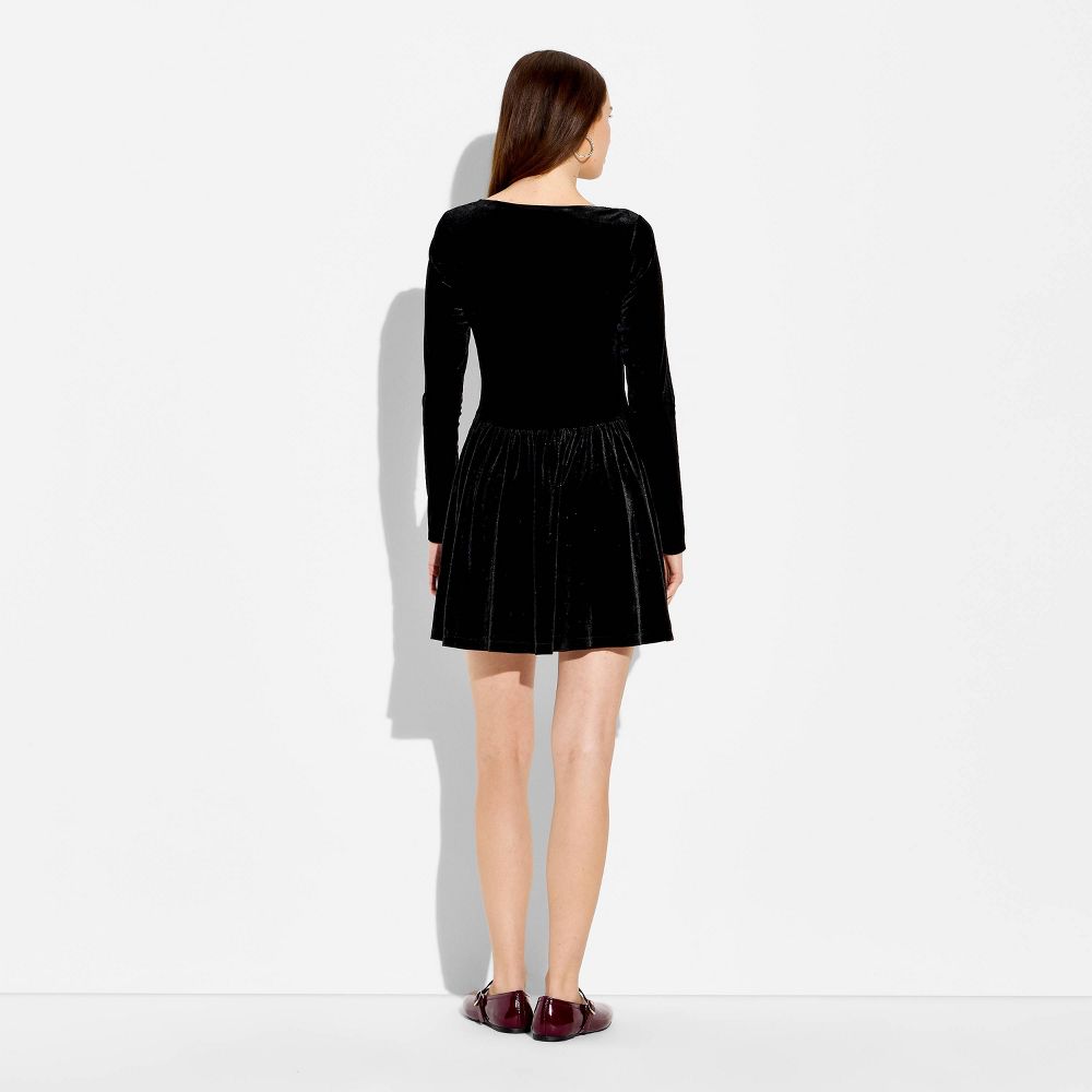 New - Women's Velvet Long Sleeve Mini A-Line Dress - Wild Fable™ Black XS