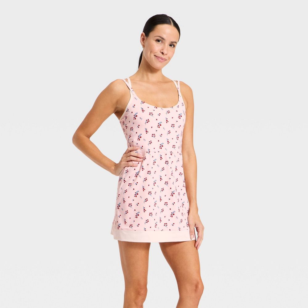 New - Women's Knit Strappy Active Dress - All In Motion™ Light Pink Floral S