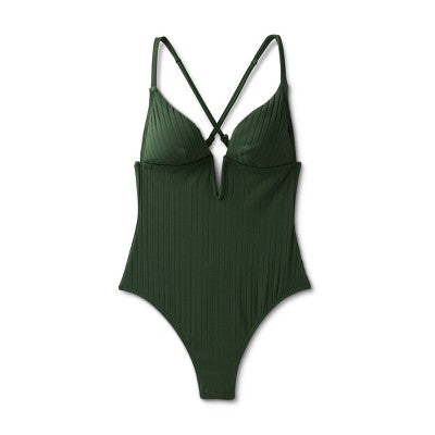 New - Shade & Shore Women's Plunge V-Wire One Piece Swimsuit Ribbed Swimwear Shade & ShoreBullseye Deals