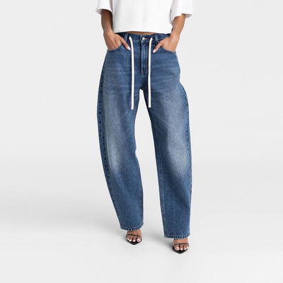 New - KBB by KAHLANA Women's Mid-Rise Barrel Leg 'The Lynnox Jean' - Dark Wash 8