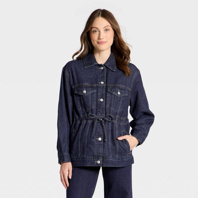 New - Women's Cinched Waist Trucker Denim Jacket - Universal Thread™ Dark Wash M