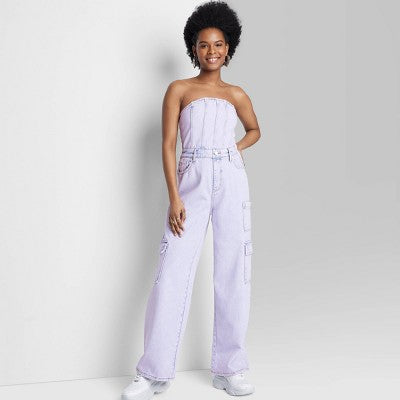 New - Wild Fable Women's Tube Cargo Denim Jumpsuit Bandeau Strapless Off-The-Shoulder Wild FableBullseye Deals