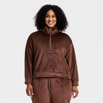 New - Women's Velour Ribbed 1/2 Zip Sweatshirt - All In Motion™ Brown XXL