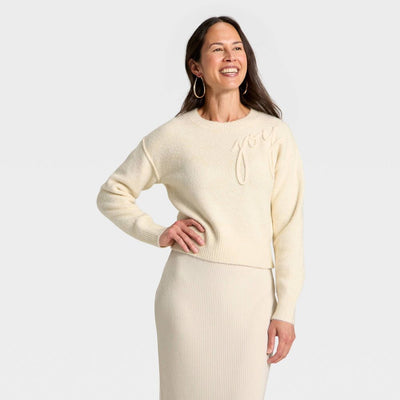 New - Women's Holiday Crewneck Pullover Sweater - Universal Thread™ Cream Letters M