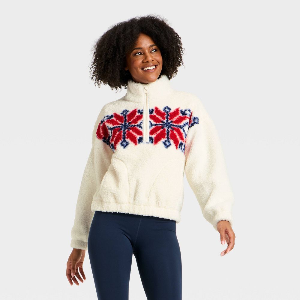 New - Women's High Pile Fleece 1/2 Zip Pullover Jacket - All In Motion™ Cream/Red XL