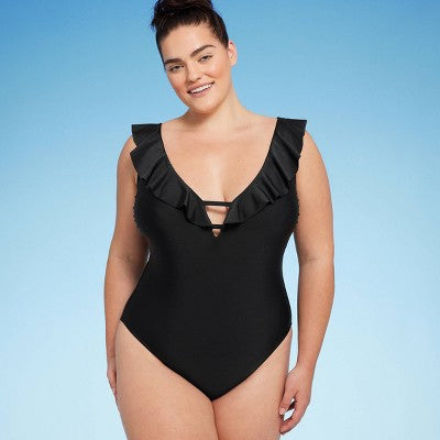 New - Shade & Shore Women's Plus Plunge One Piece Swimsuit Ruffle Swimwear Shade & ShoreBullseye Deals