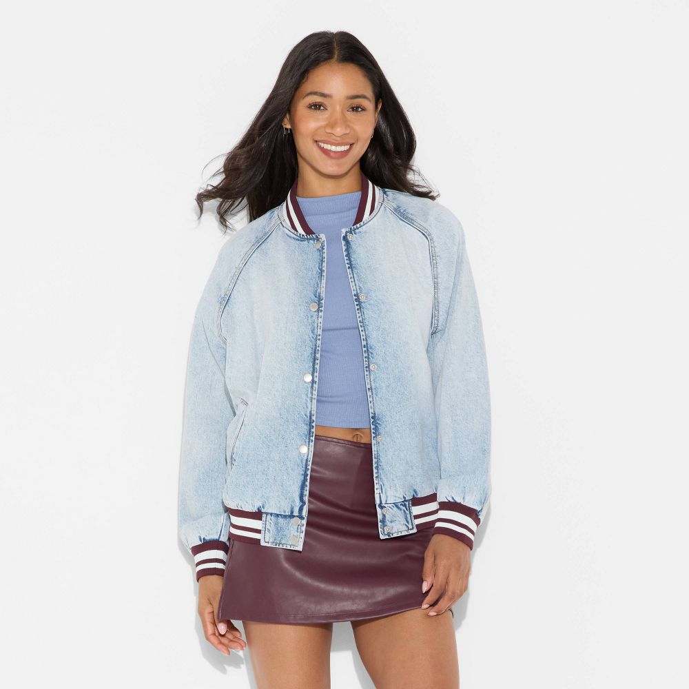 New - Women's Denim Varsity Jacket - Wild Fable™ Medium Wash S