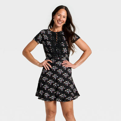 New - Women's Short Sleeve Mini A-Line Dress - Universal Thread™ Black Floral S