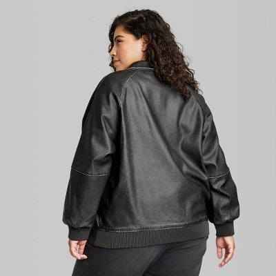 New - Wild Fable Women's Zip-Up Winter Faux Leather Bomber Jacket Distressed Wild FableBullseye Deals