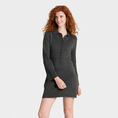 New - Women's Long Sleeve Sweater Dress - A New Day™ Dark Heather Gray L