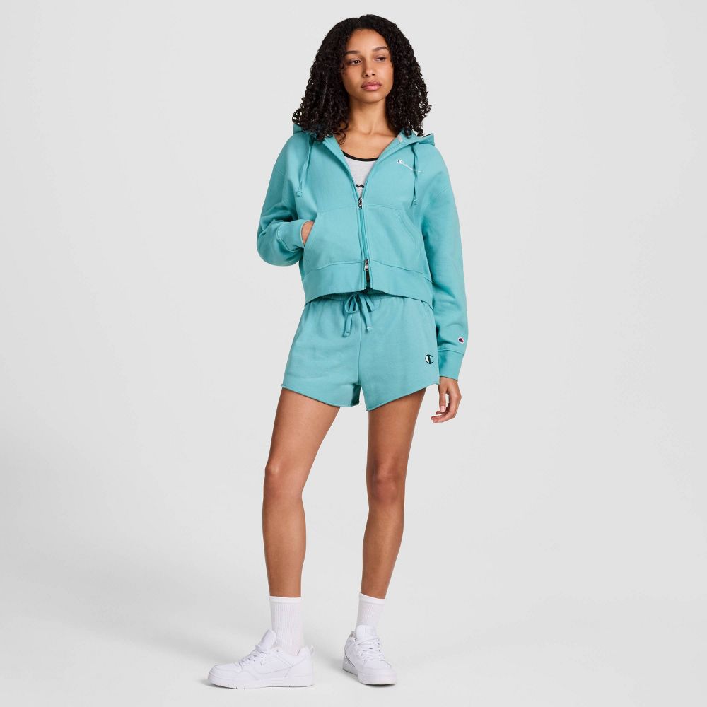 New - Champion Women's Cropped Fleece Zip-Up Sweatshirt - Teal Blue L