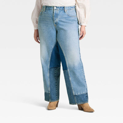 New - Women's Mid-Rise 90's Baggy Denim Jeans - Universal Thread™ Medium Wash/Patch Work 26