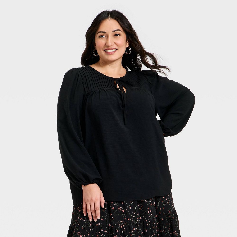 New - Women's Bishop Long Sleeve Pleated Tie-Front Blouse - Ava & Viv™ Black 2X